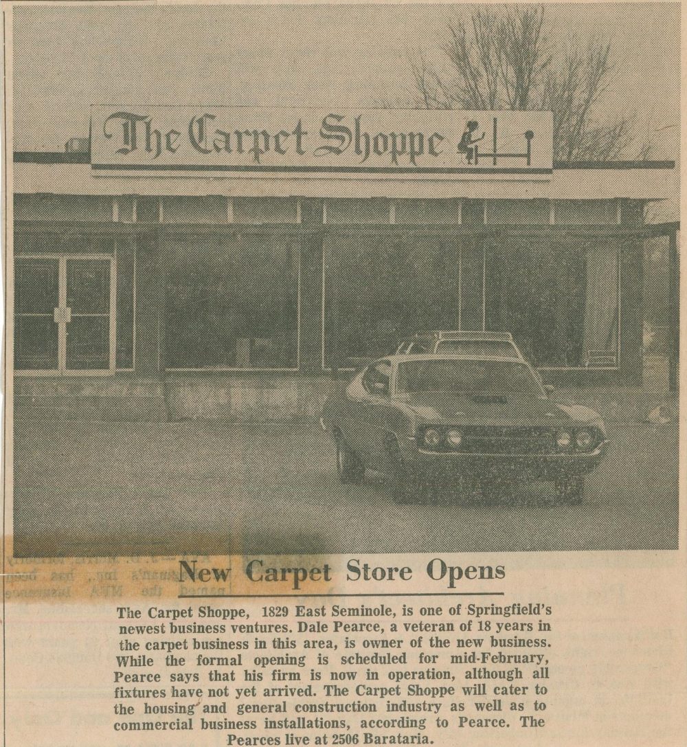 A newspaper clipping from The Carpet Shoppe highlights the store opening.