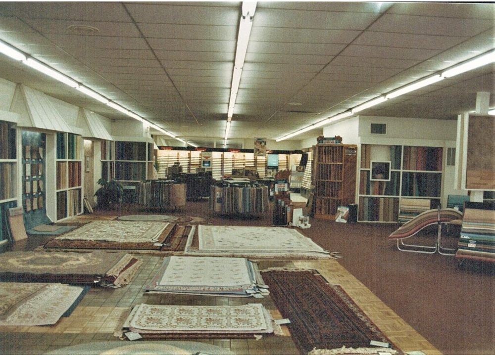 The Carpet Shoppe's selection of area rugs line the showroom in the 1980s.