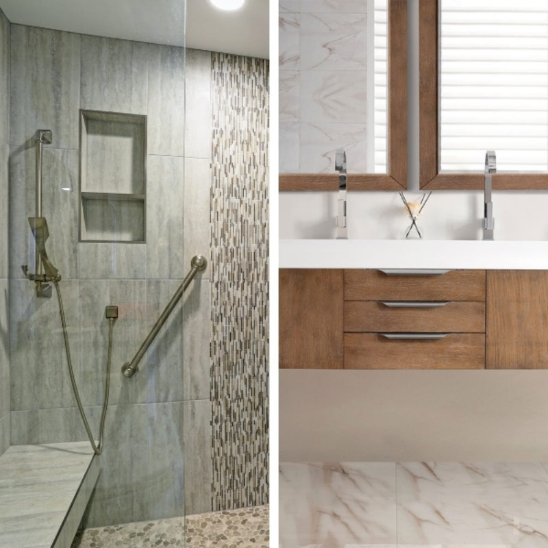 Two images. The image on the left is a shower with gray tiles and an accent strip. The wall has a grab bar and inset shelf. The image on the right is of a floating vanity with two sinks.