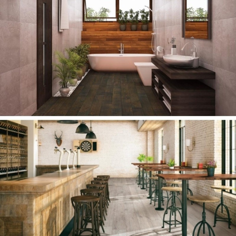 A split image with the top half showing a dark bathroom with dark wood look floors. The bottom half shows a bar area with light gray wood look floors.