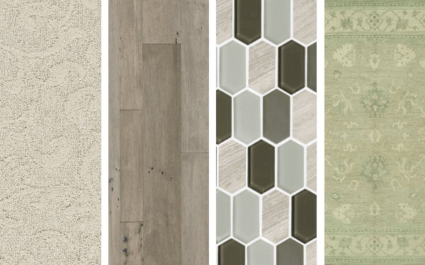 Four images showing a carpet, hardwood, tile, and area rug swatch
