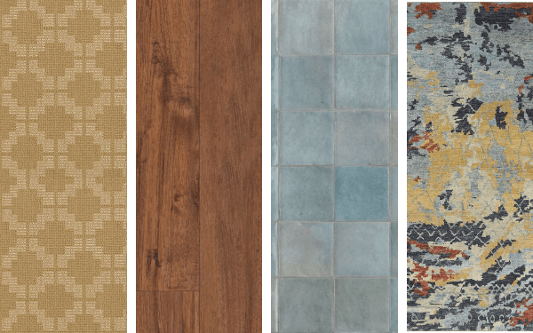 Four images showing a carpet, vinyl, tile, and area rug swatch 