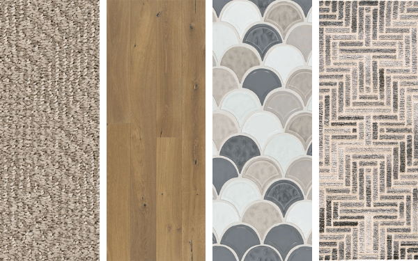 Four images showing a carpet, hardwood, tile, and area rug swatch.