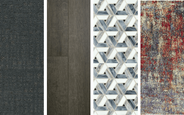 A collection of four images showing a carpet, laminate, tile, and rug swatch.
