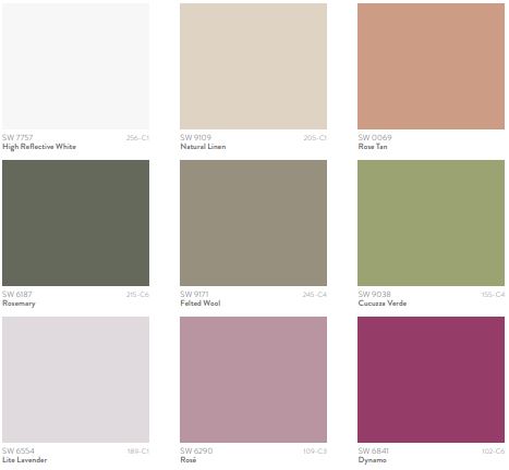 A collection of 9 colors from Sherwin William's 2022 color forecast 